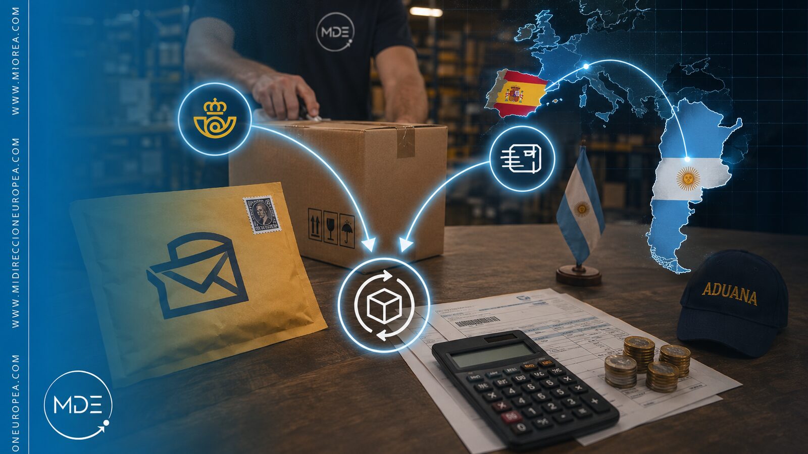 Decreto 604/2026: Argentina unifica Correo Argentino y couriers con franquicia de 400 dólares Paquete internacional con el logo de Correo Argentino, la ruta de envío entre España y Argentina y documentación de aduana, sobre el Decreto 604/2026