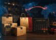 Cajas de envío y bolsas de compra de MDE junto a un calendario de noviembre 2026 marcando el Black Friday, con un mapa mundial de rutas de envío