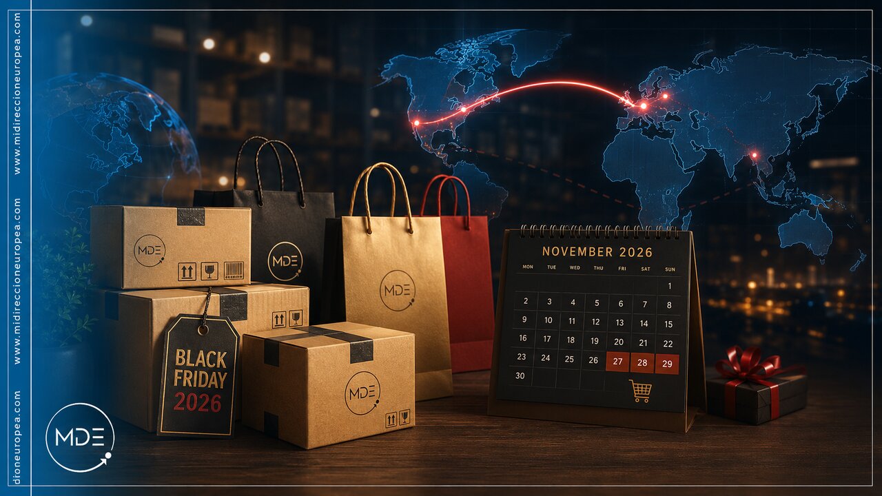 black-friday-2026-comprar-en-cada-pais Cajas de envío y bolsas de compra de Mi Dirección Europea junto a un calendario de noviembre 2026 marcando el Black Friday, con un mapa mundial de rutas de envío