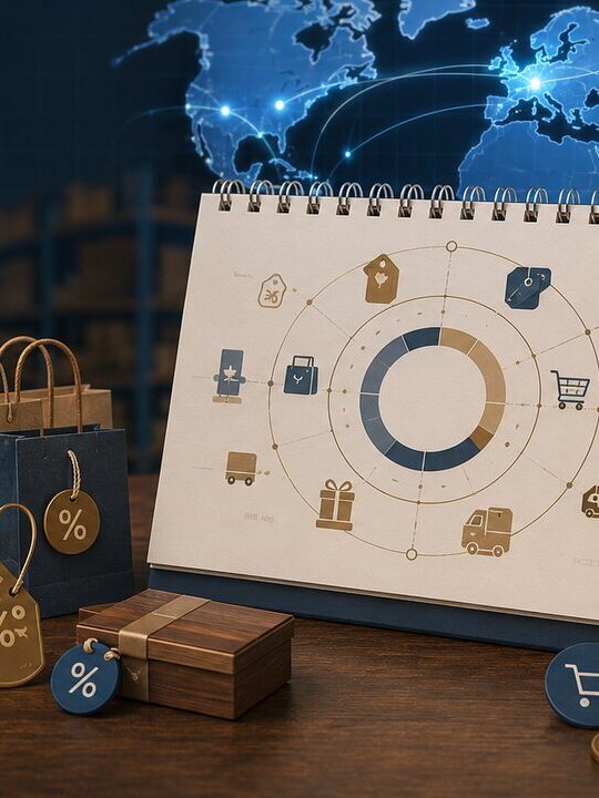 calendario-de-ofertas-2026-2027 Calendario de ofertas con iconos de compras, bolsas, cajas y camión de reparto sobre un mapa mundial de envíos internacionales