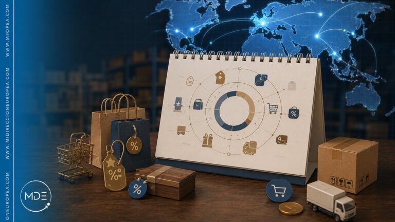 calendario-de-ofertas-2026-2027 Calendario de ofertas con iconos de compras, bolsas, cajas y camión de reparto sobre un mapa mundial de envíos internacionales