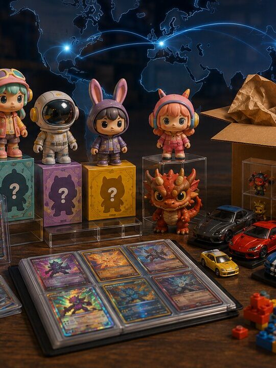 coleccionables-y-juguetes-2026 Colección de figuras art toy, cartas coleccionables, coches a escala y bloques de construcción junto a una caja de envío de Mi Dirección Europea