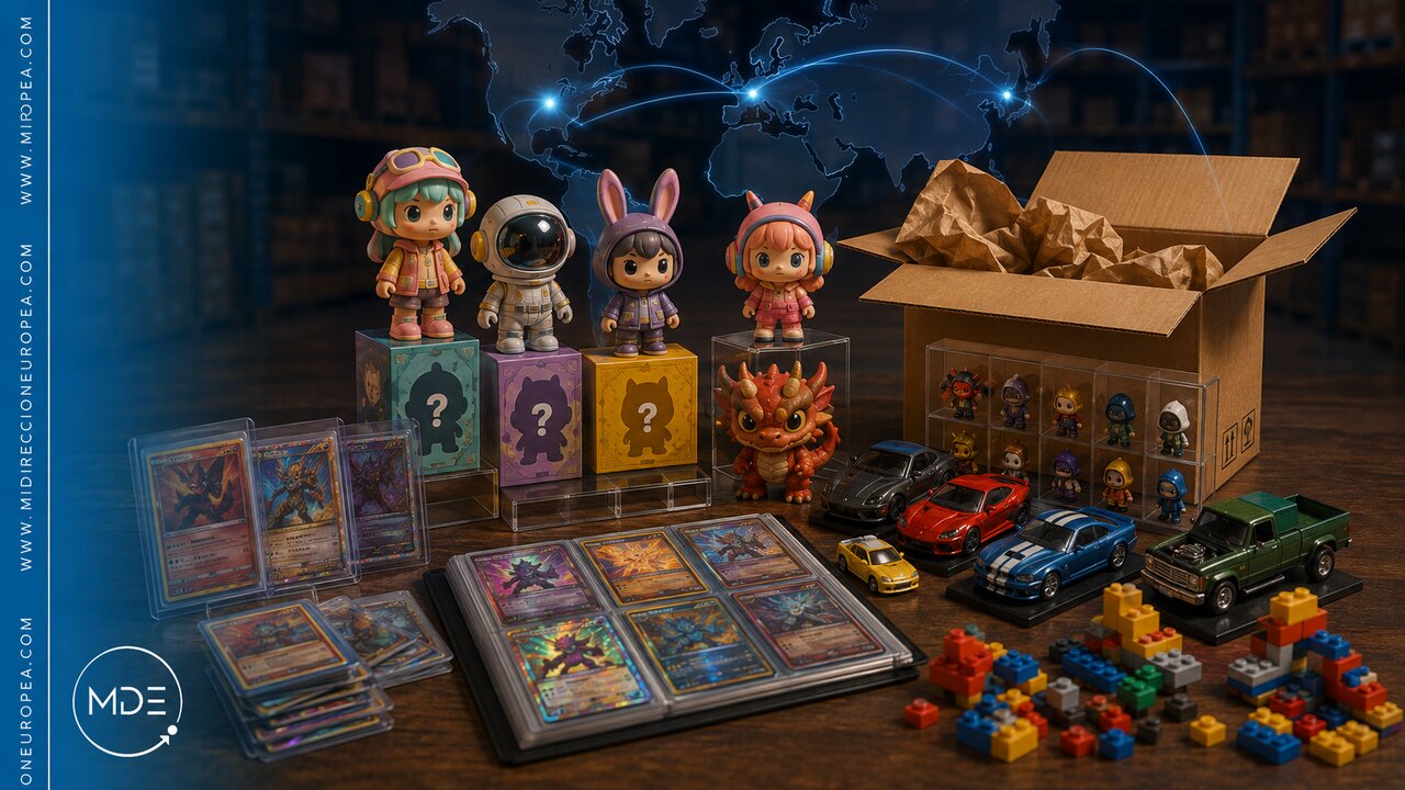 coleccionables-y-juguetes-2026 Colección de figuras art toy, cartas coleccionables, coches a escala y bloques de construcción junto a una caja de envío de Mi Dirección Europea