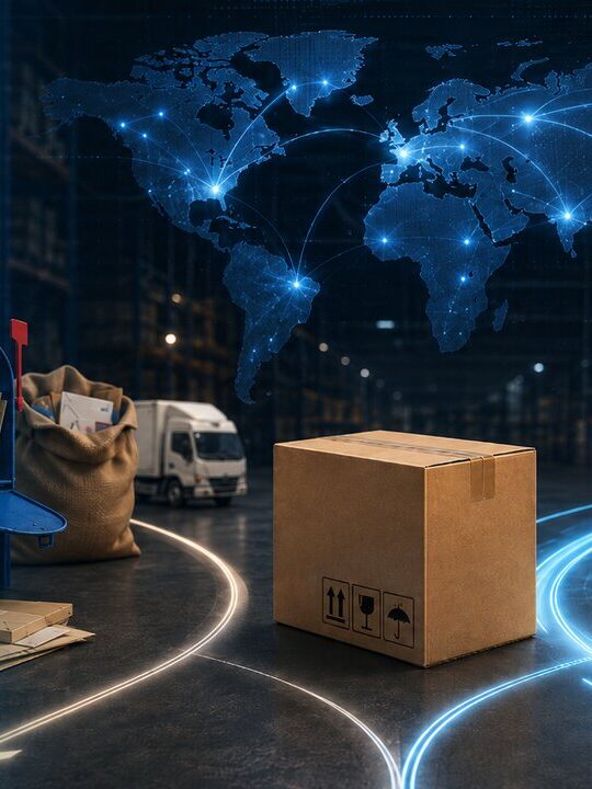 correo-postal-vs-courier-internacional Comparativa correo postal vs courier internacional: buzón, saco de cartas y paquetes pequeños frente a furgoneta, avión y escáner de seguimiento, con un mapa mundial de rutas de envío
