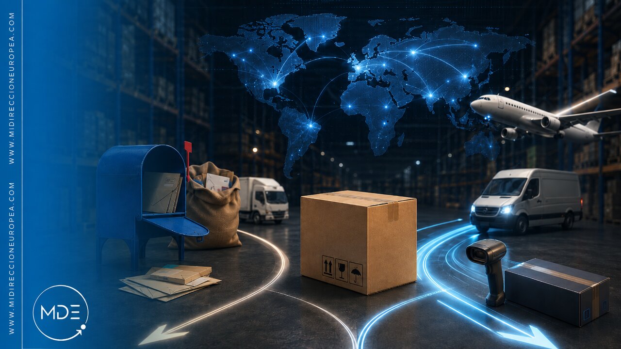 correo-postal-vs-courier-internacional Comparativa correo postal vs courier internacional: buzón, saco de cartas y paquetes pequeños frente a furgoneta, avión y escáner de seguimiento, con un mapa mundial de rutas de envío