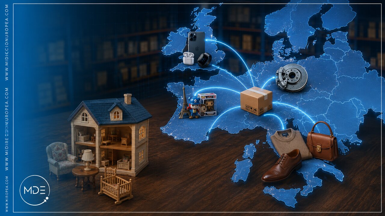 que-comprar-en-cada-pais-europeo Mapa de Europa con productos por país: tecnología en Reino Unido, recambios en Alemania, coleccionables en Francia y moda en Italia, con una caja de envío en el centro