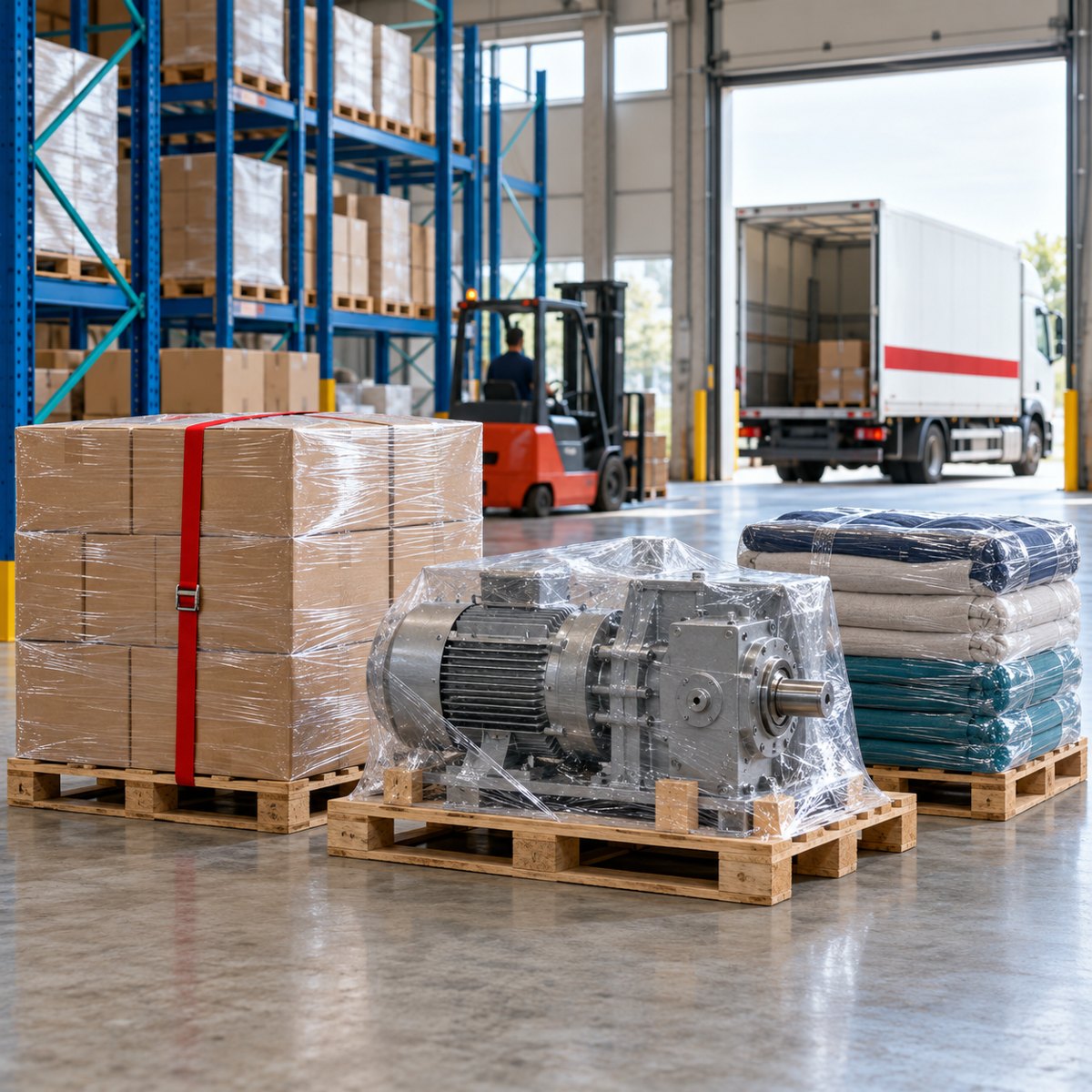 Pallets and freight ready for international shipping in an MDE warehouse