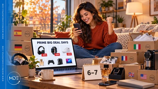 Clienta comprando ofertas del Prime Big Deal Days 2026 (6 y 7 de octubre) con paquetes de Mi Dirección Europea desde España, Alemania, Italia, Francia, Reino Unido y EE. UU.