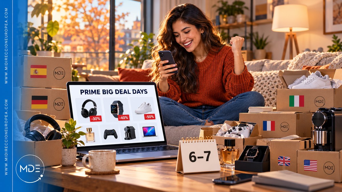 Prime Big Deal Days 2026 — compra desde tu país con MDE Clienta comprando ofertas del Prime Big Deal Days 2026 (6 y 7 de octubre) con paquetes de Mi Dirección Europea desde España, Alemania, Italia, Francia, Reino Unido y EE. UU.