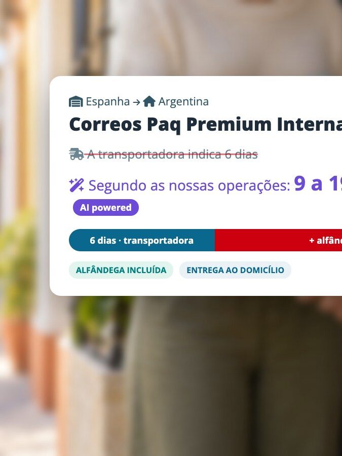 Quanto tempo demora, na realidade, um envio internacional? A nossa cotação já lhe diz, com Cartão da cotação da Minha Direção Europeia: a transportadora indica 6 dias, mas o prazo real é de 9 a 19 dias porta a porta, com alfândega incluída, de Espanha para a Argentina
