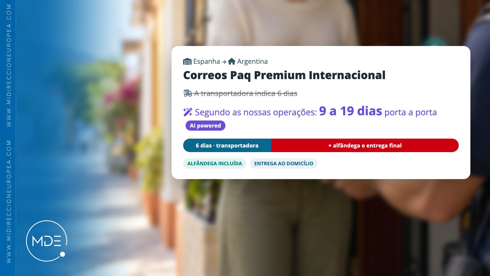 Quanto tempo demora, na realidade, um envio internacional? A nossa cotação já lhe diz, com Cartão da cotação da Minha Direção Europeia: a transportadora indica 6 dias, mas o prazo real é de 9 a 19 dias porta a porta, com alfândega incluída, de Espanha para a Argentina